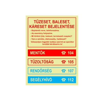 Tűzeset, káreset bejelentése utánvilágító tábla