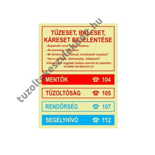 Tűzeset, káreset bejelentése utánvilágító tábla